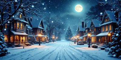 The primary subject of the image is a snowy street with a full moon in the background. The setting is a residential area with houses and trees. The visual style is a digital art, creating a serene and peaceful atmosphere. The dominant colors are white and blue, with the snow covering the ground and the moon illuminating the scene.